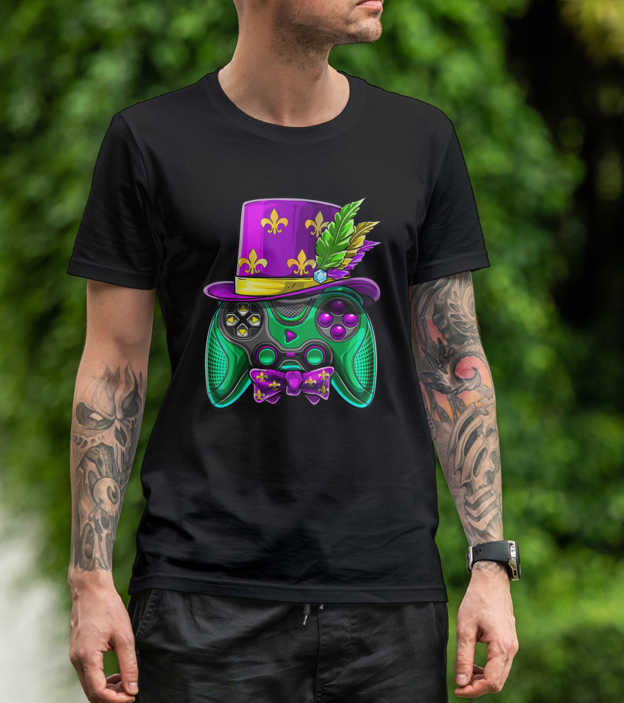 Mardi Gras Fleur-de-Lis Video Game Controller Jester Hat Bow Tie T-Shirt