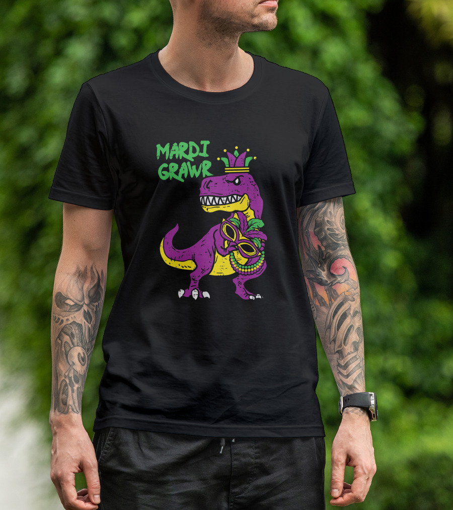 Mardi Grawr Jester Trex Dinosaur With Mask And Beads T-Shirt