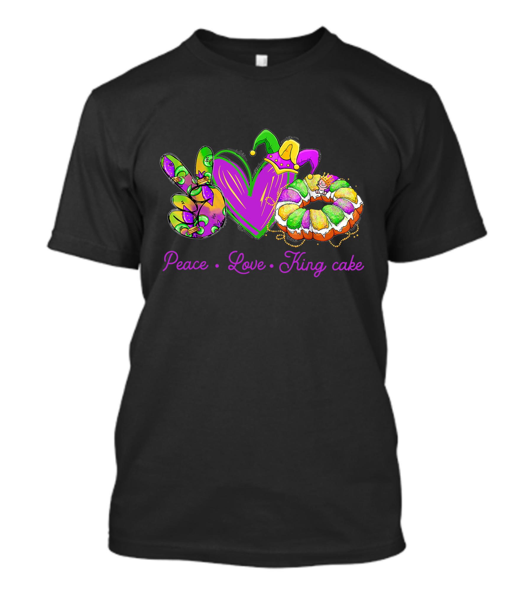 Peace Love King Cake Funny Mardi Gras Party Carnival Icons T-Shirt