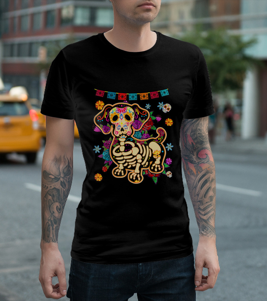 Sugar Skull Mexican Dachshund Bone Halloween Day Of The Dead Dog Skeleton Flowers T-Shirt