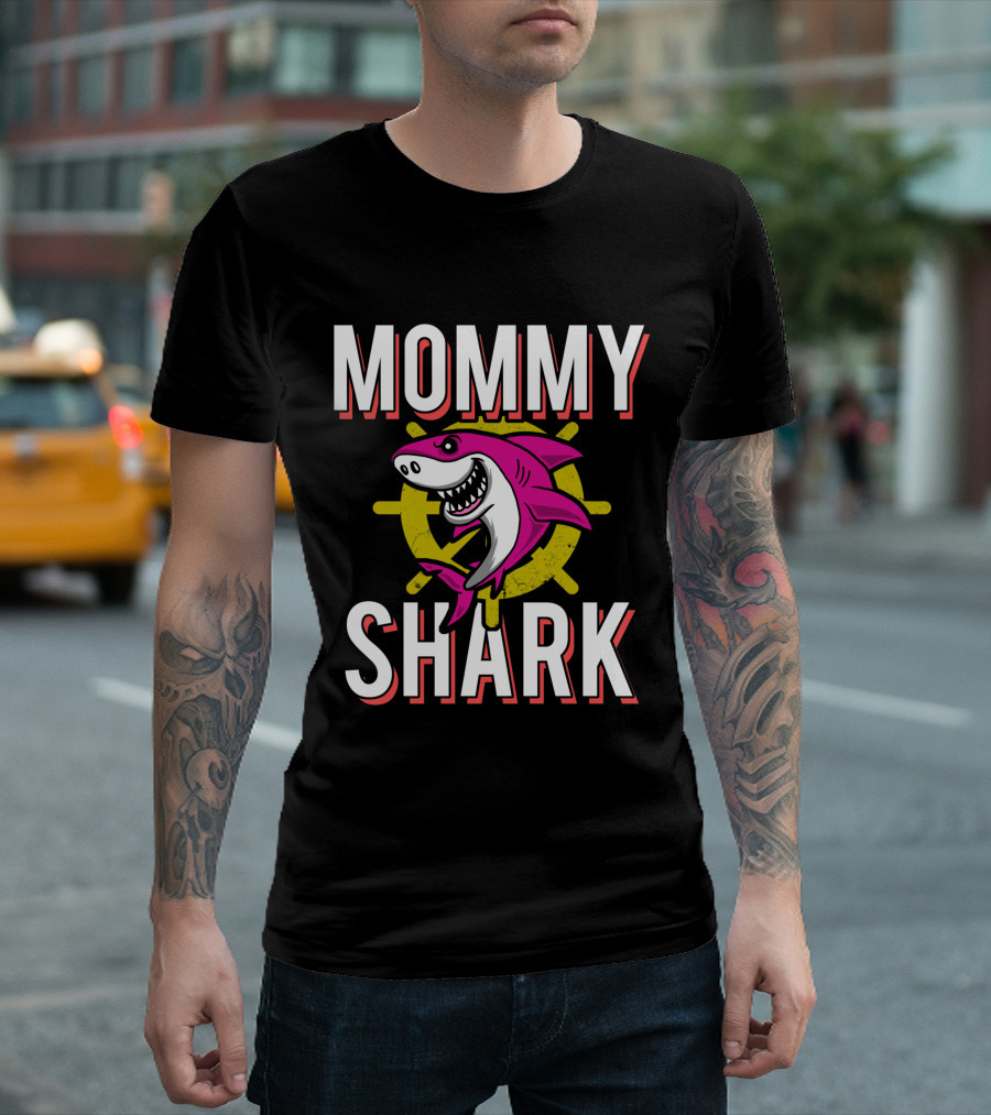 Mommy Shark Cartoon Pink Shark with Yellow Helm Background T-Shirt