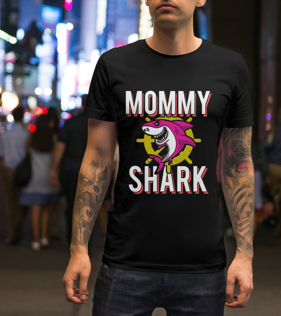 Mommy Shark Cartoon Pink Shark With Yellow Helm Background T-Shirt