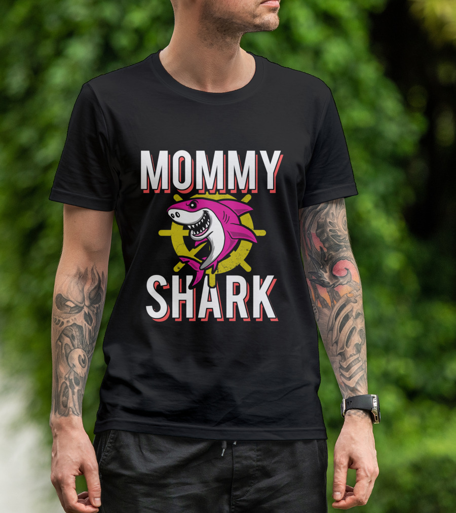 Mommy Shark Cartoon Pink Shark With Yellow Helm Background T-Shirt