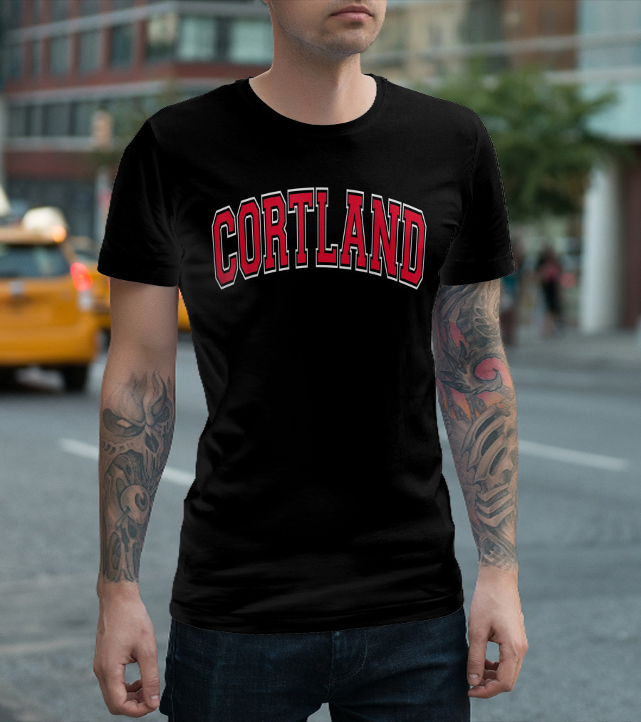 Cortland NY Varsity Style Red Arch Text Classic Athletic Look T-Shirt