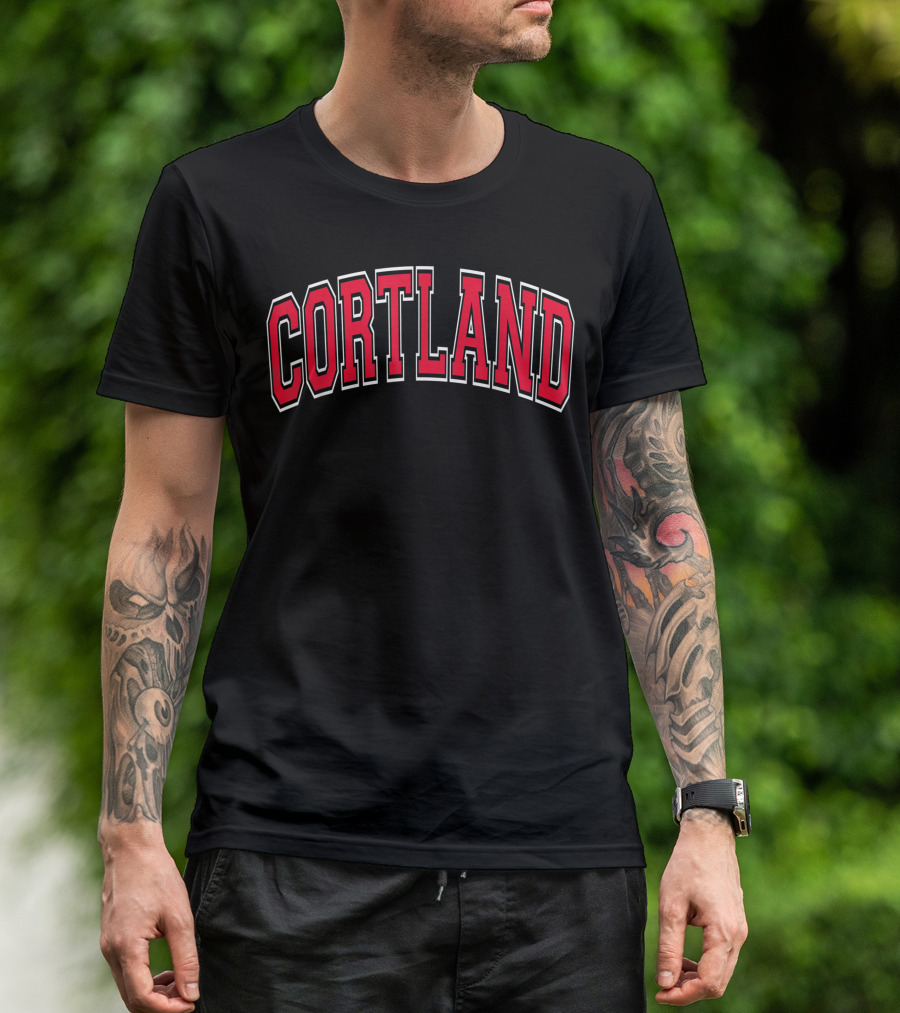 Cortland NY Varsity Style Red Arch Text Classic Athletic Look T-Shirt