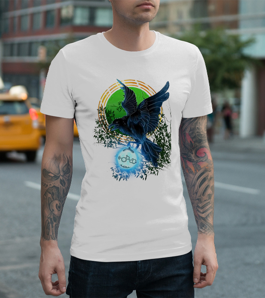 Pointcrow Raven Orb Enigma With Rings And Foliage T-Shirt