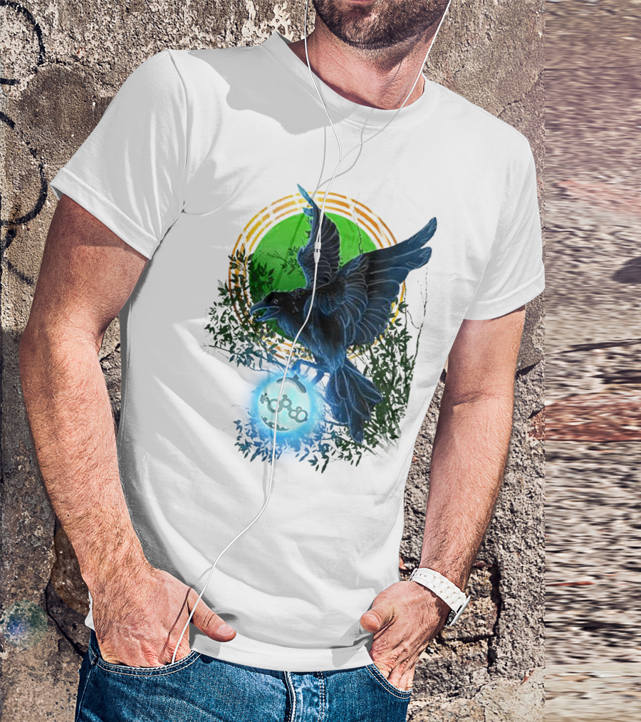 Pointcrow Raven Orb Enigma With Rings And Foliage T-Shirt