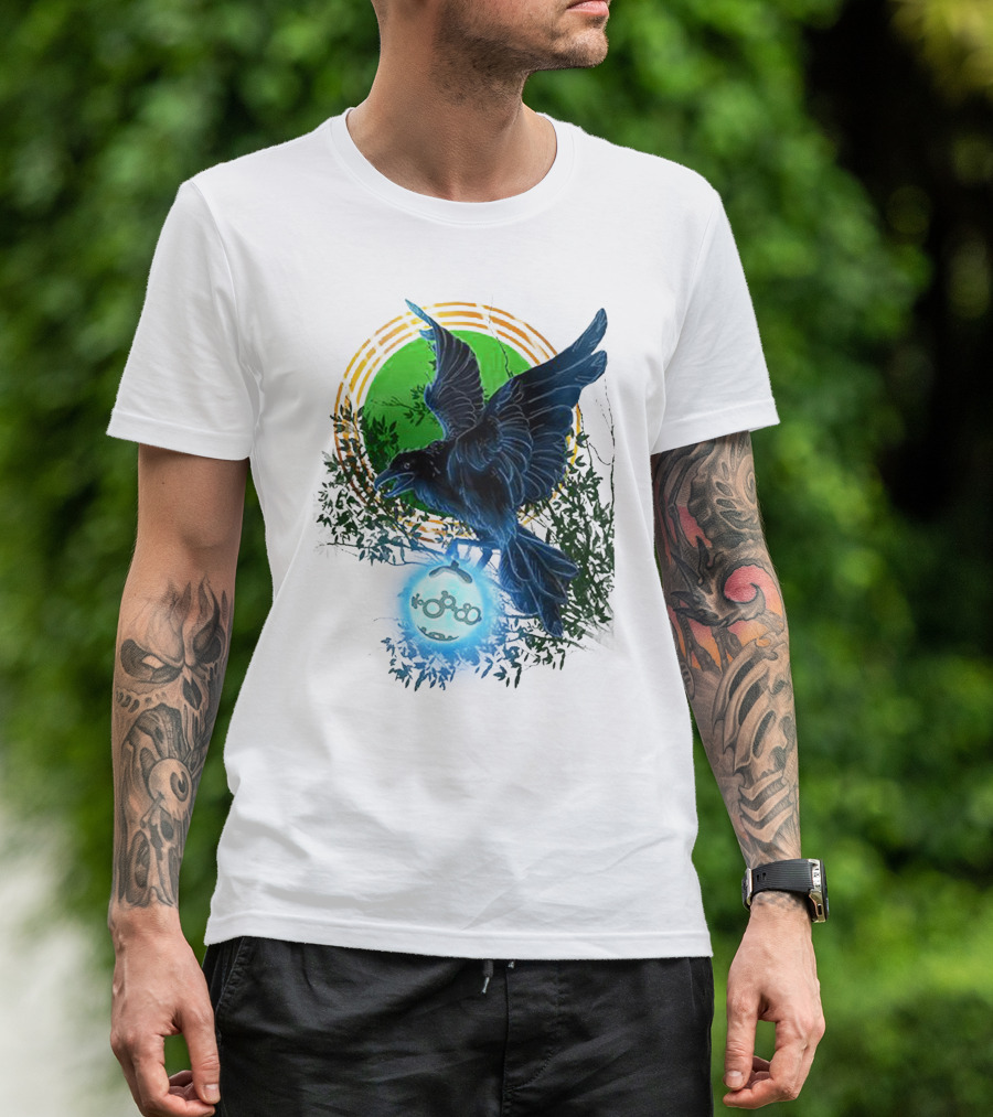 Pointcrow Raven Orb Enigma With Rings And Foliage T-Shirt