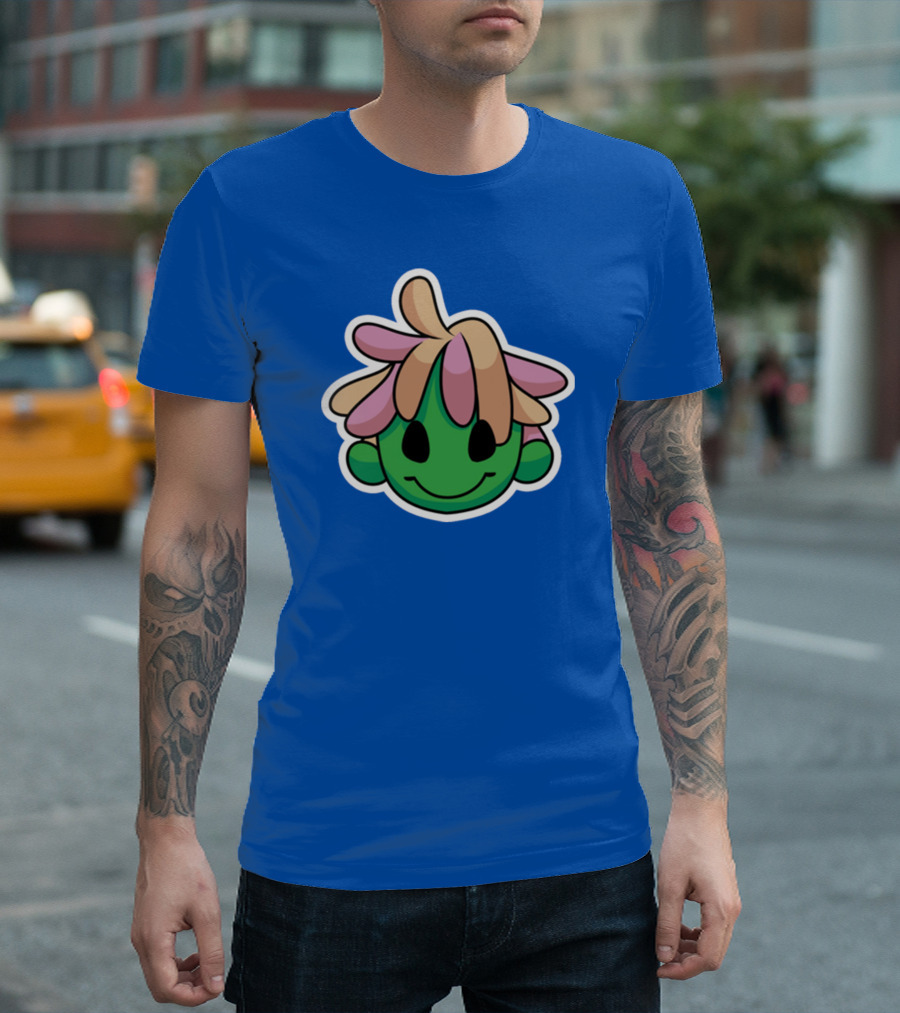 Joko's World Green Smiling Character Face with Pink and Beige Hair T-Shirt