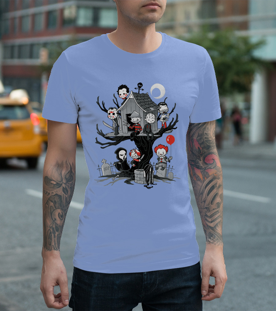 Horror Icons Treehouse Adventure With Scream Mask T-Shirt