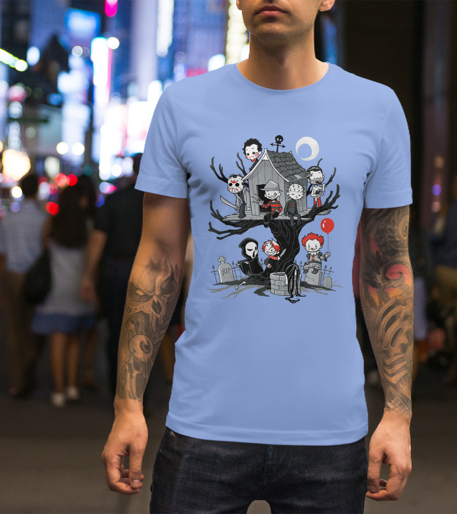 Horror Icons Treehouse Adventure With Scream Mask T-Shirt