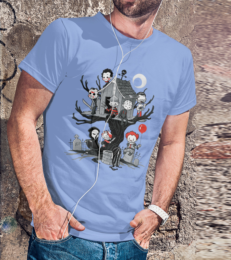 Horror Icons Treehouse Adventure With Scream Mask T-Shirt