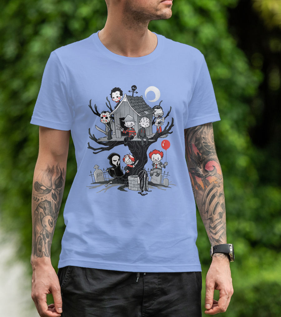 Horror Icons Treehouse Adventure With Scream Mask T-Shirt