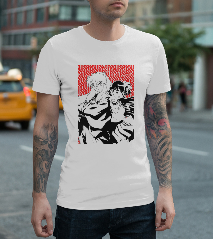 Inuyasha Kagome Classic Anime Style Red Pattern Background T-Shirt