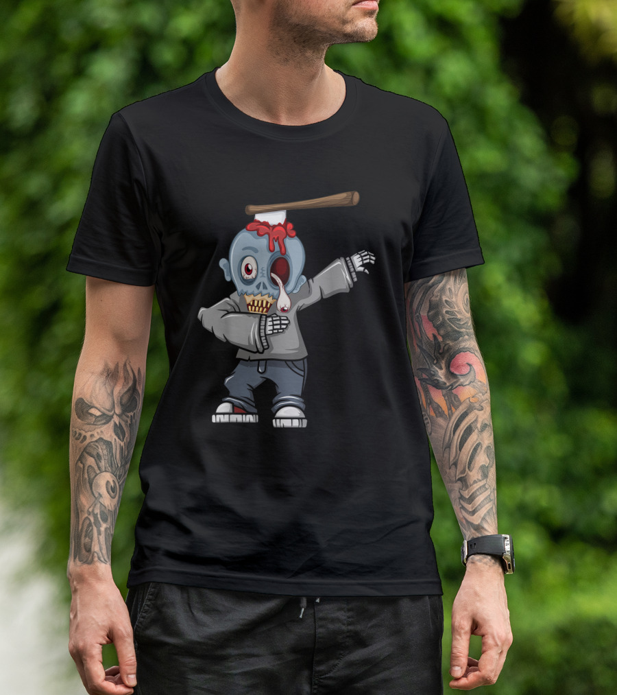 Dabbing Zombie Halloween Axe Head Creepy Cartoon T-Shirt