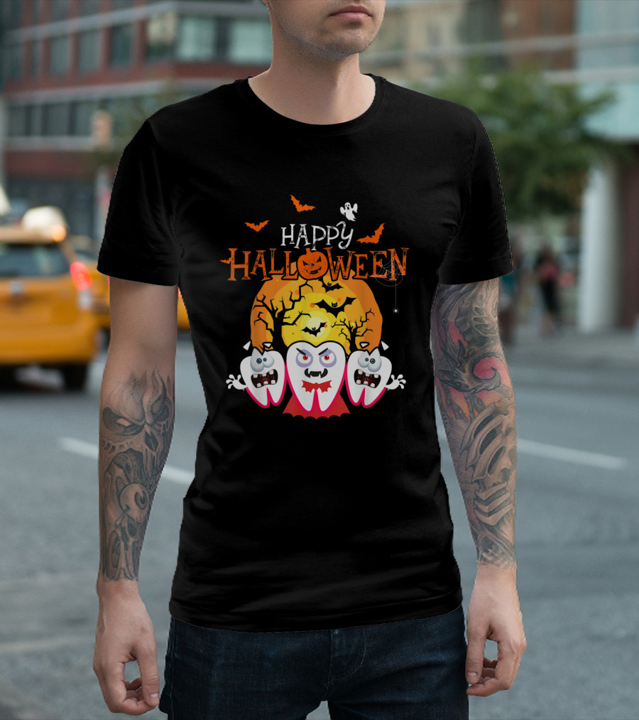Happy Halloween Scary Dental Teeth with Cracked Moon and Bats T-Shirt