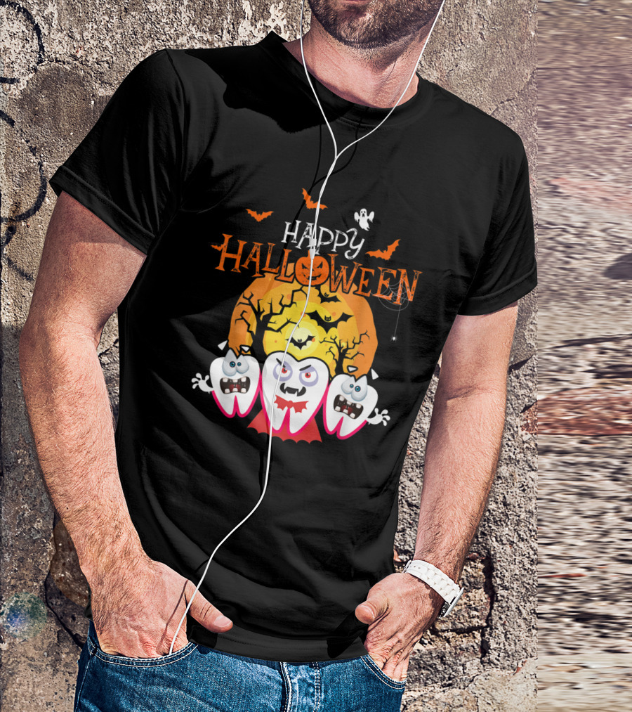 Happy Halloween Scary Dental Teeth With Cracked Moon And Bats T-Shirt