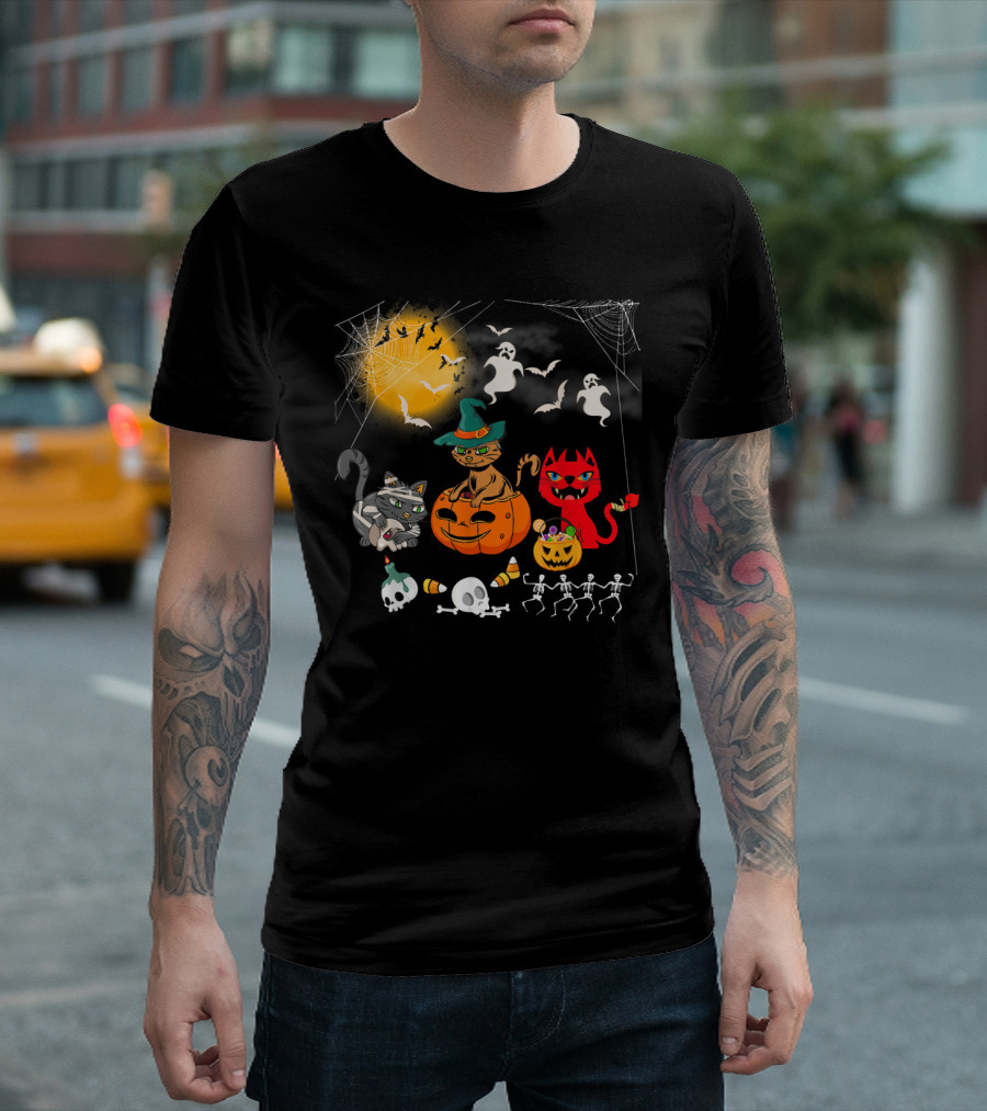 Halloween Funny Cat Lover with Witch Cat and Devil Cat T-Shirt