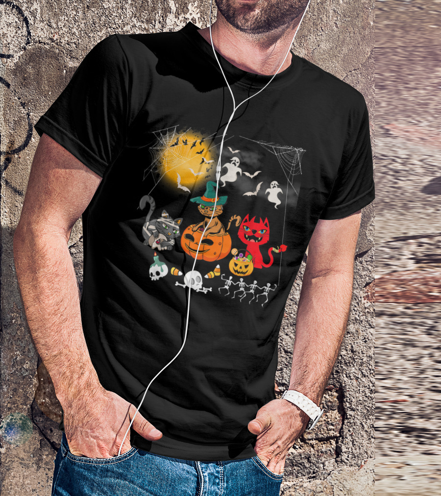 Halloween Funny Cat Lover With Witch Cat And Devil Cat T-Shirt