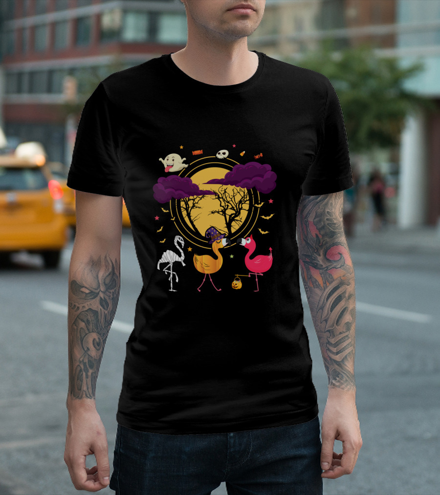 Flamingo Halloween Night With Spooky Duck Skeleton Ghosts Bats Candy Moon T-Shirt