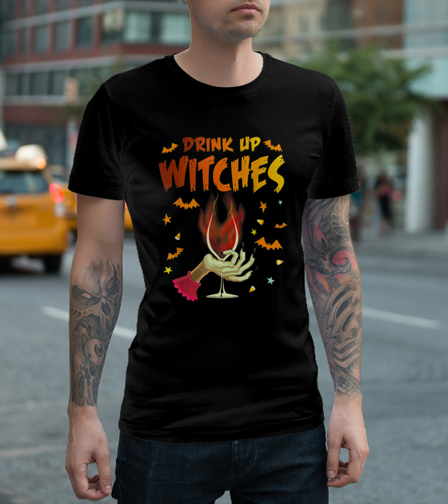 Drink Up Witches Halloween Witch Hand Wine Glass Bat Candy Corn T-Shirt