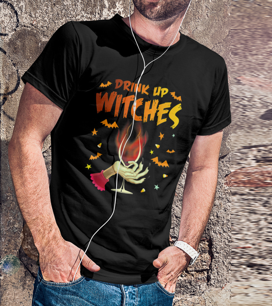 Drink Up Witches Halloween Witch Hand Wine Glass Bat Candy Corn T-Shirt
