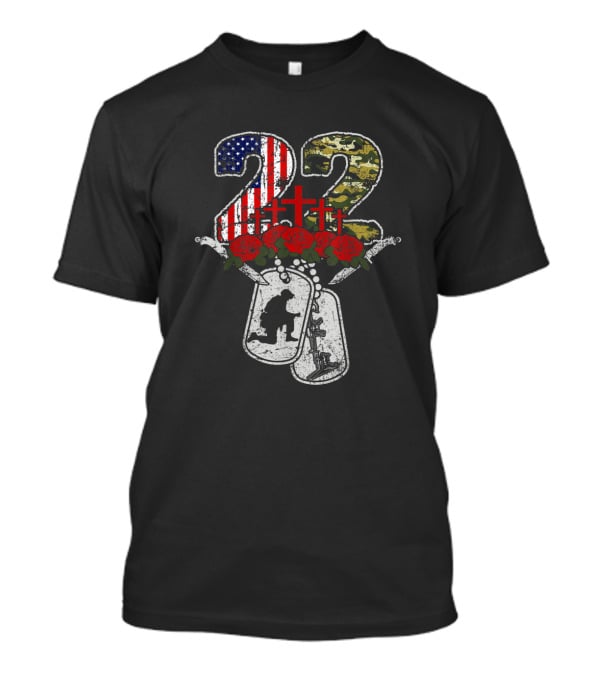 22 Each Day Soldier Veteran PTSD Awareness Dog Tags Roses Crosses American Flag Camo T-Shirt