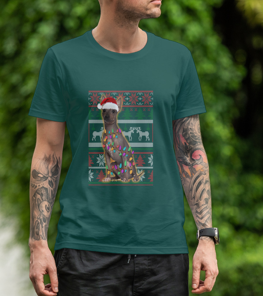 American Hairless Terrier Christmas Lights Santa Hat T-Shirt