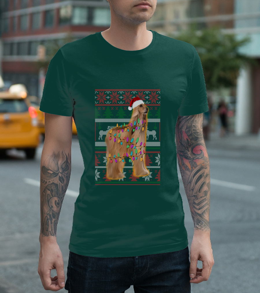 Afghan Hound Christmas Lights Santa Hat Ugly T-Shirt
