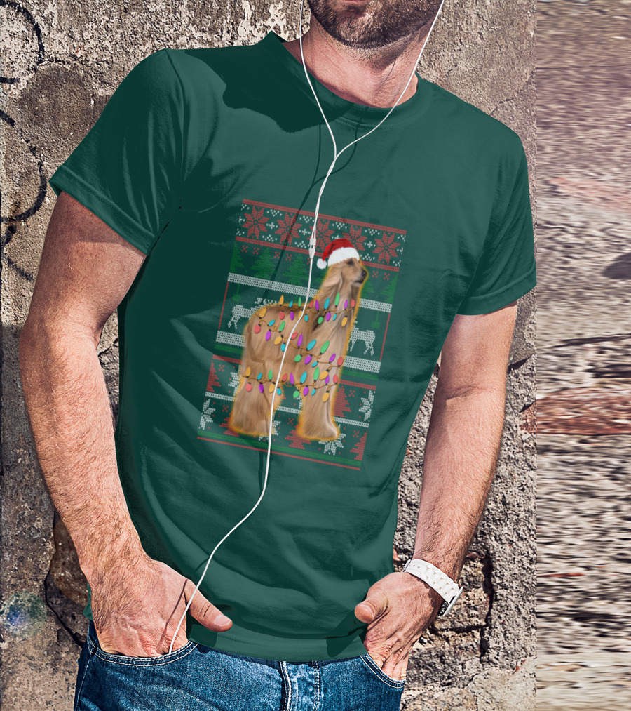 Afghan Hound Christmas Lights Santa Hat Ugly T-Shirt
