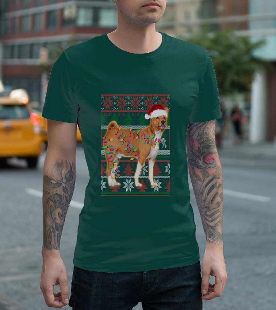 Basenji Christmas Lights Holiday Sweater Dog With Santa Hat T-Shirt