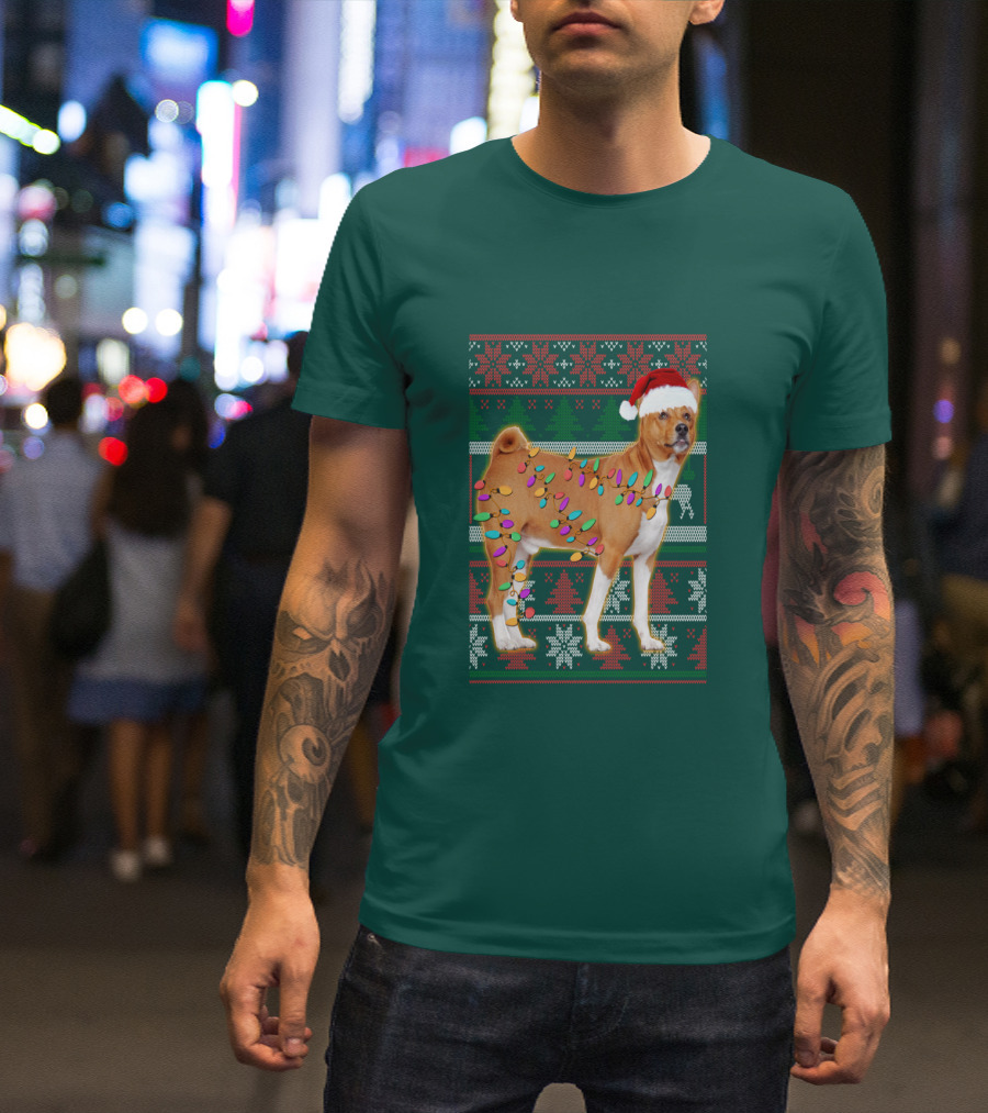 Basenji Christmas Lights Holiday Sweater Dog With Santa Hat T-Shirt