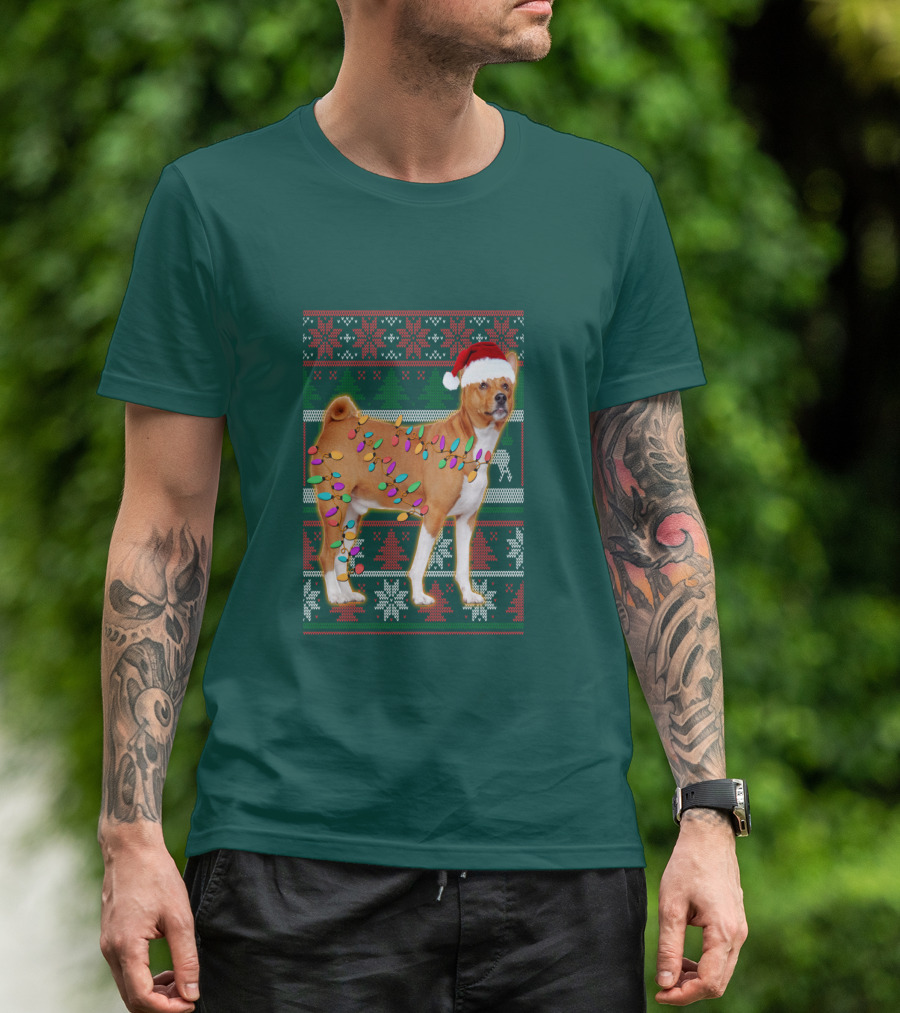 Basenji Christmas Lights Holiday Sweater Dog With Santa Hat T-Shirt