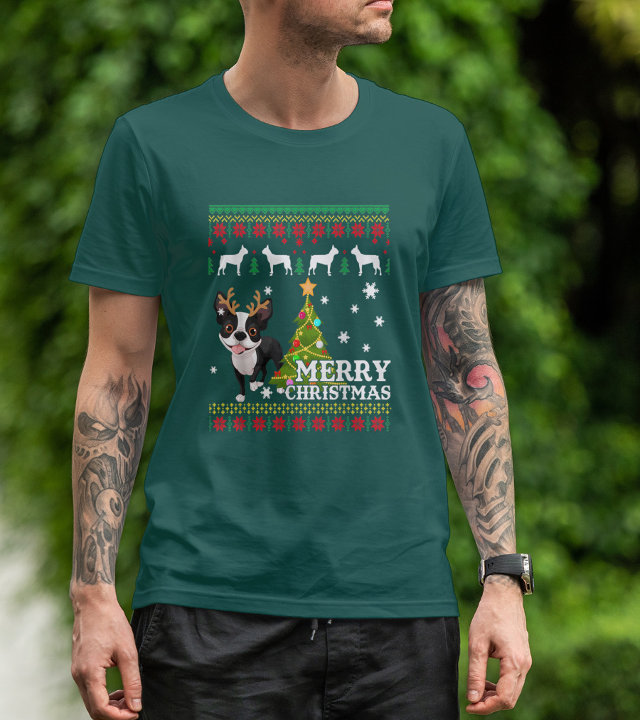 Merry Christmas Boston Terrier Holiday T-Shirt