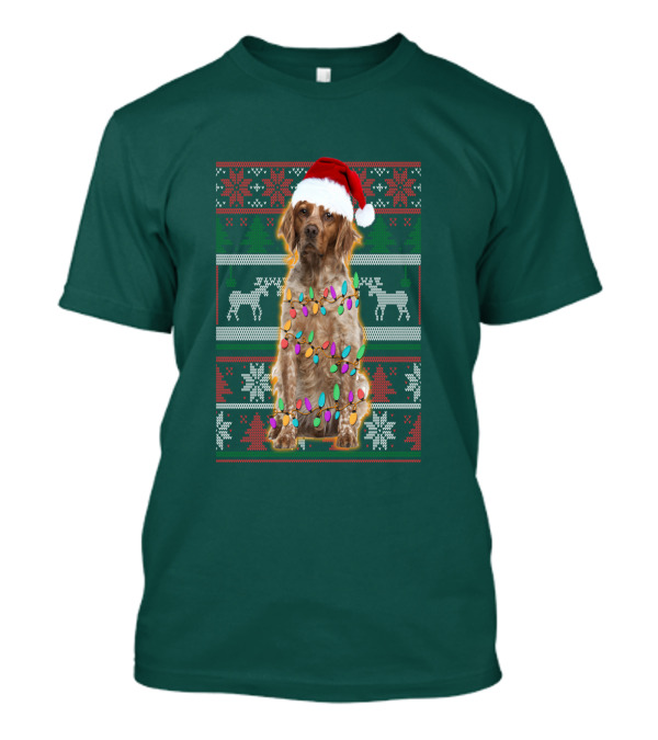 Brittany Dog Santa Hat Christmas Lights And Reindeer Snowflakes T-Shirt
