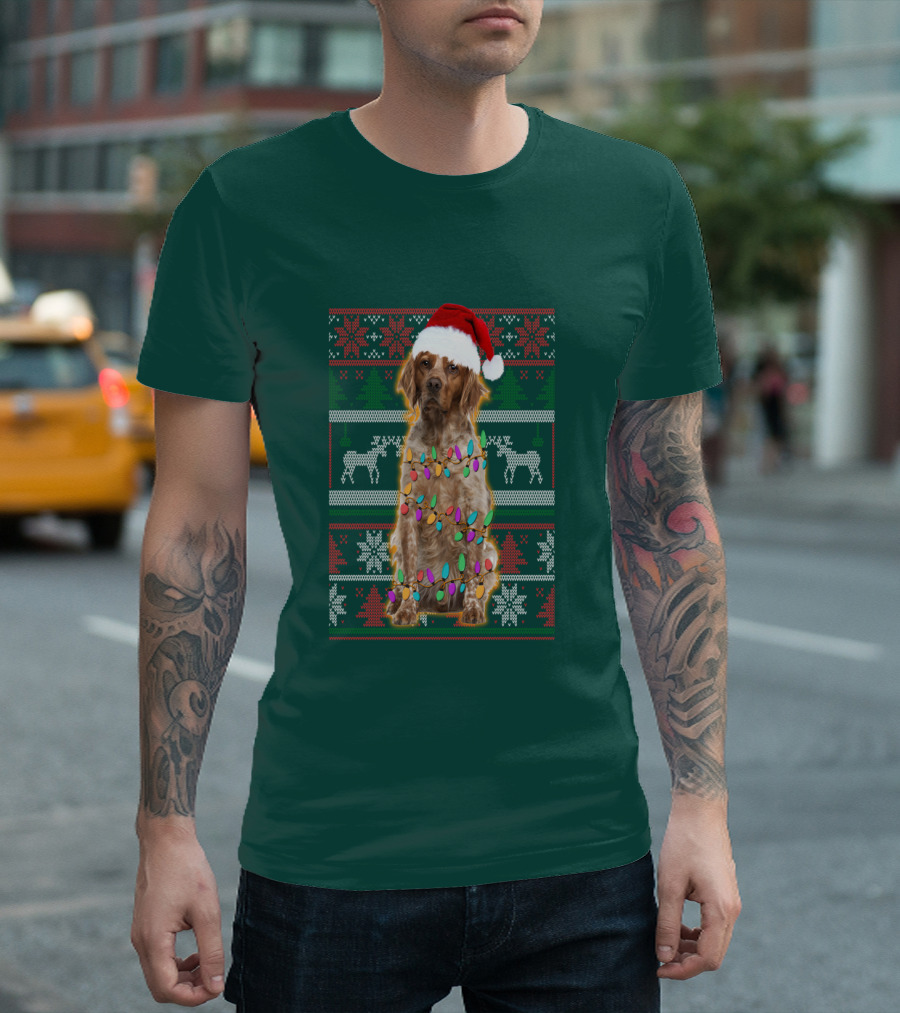 Brittany Dog Santa Hat Christmas Lights And Reindeer Snowflakes T-Shirt