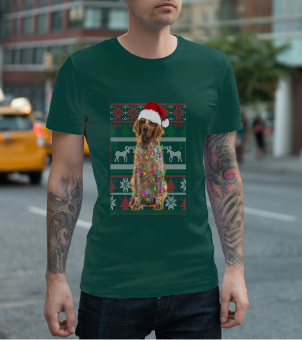 Brittany Dog Santa Hat Christmas Lights And Reindeer Snowflakes T-Shirt