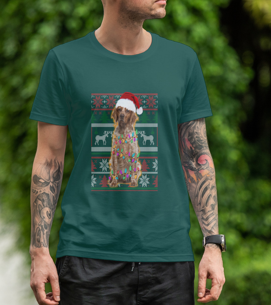 Brittany Dog Santa Hat Christmas Lights And Reindeer Snowflakes T-Shirt