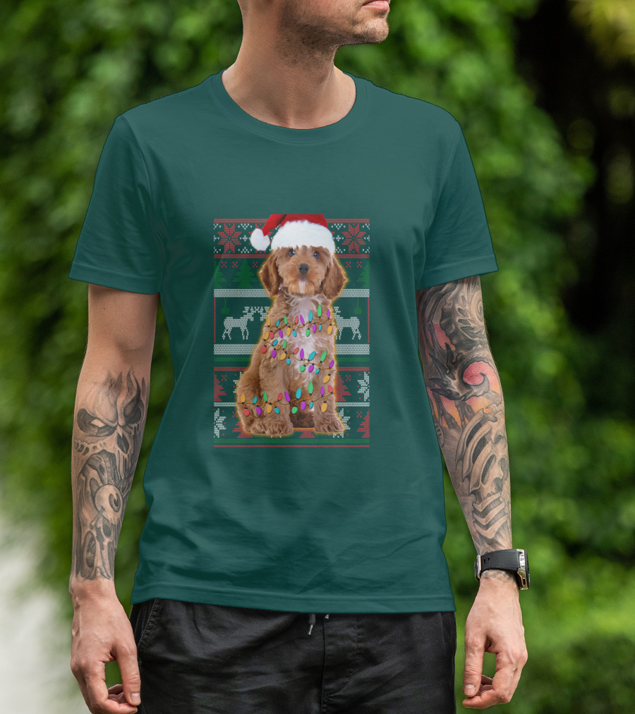 Cockapoo Santa Hat Christmas Lights Reindeer Ugly T-Shirt