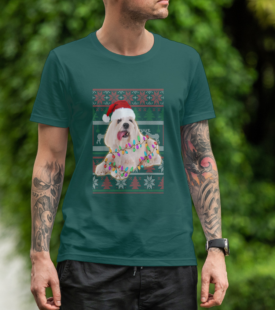 Coton De Tulear Holiday Lights Christmas Sweater Santa Hat T-Shirt