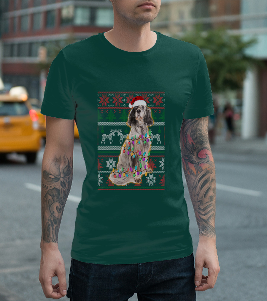 English Setter Christmas Lights Ugly Sweater Santa Hat T-Shirt