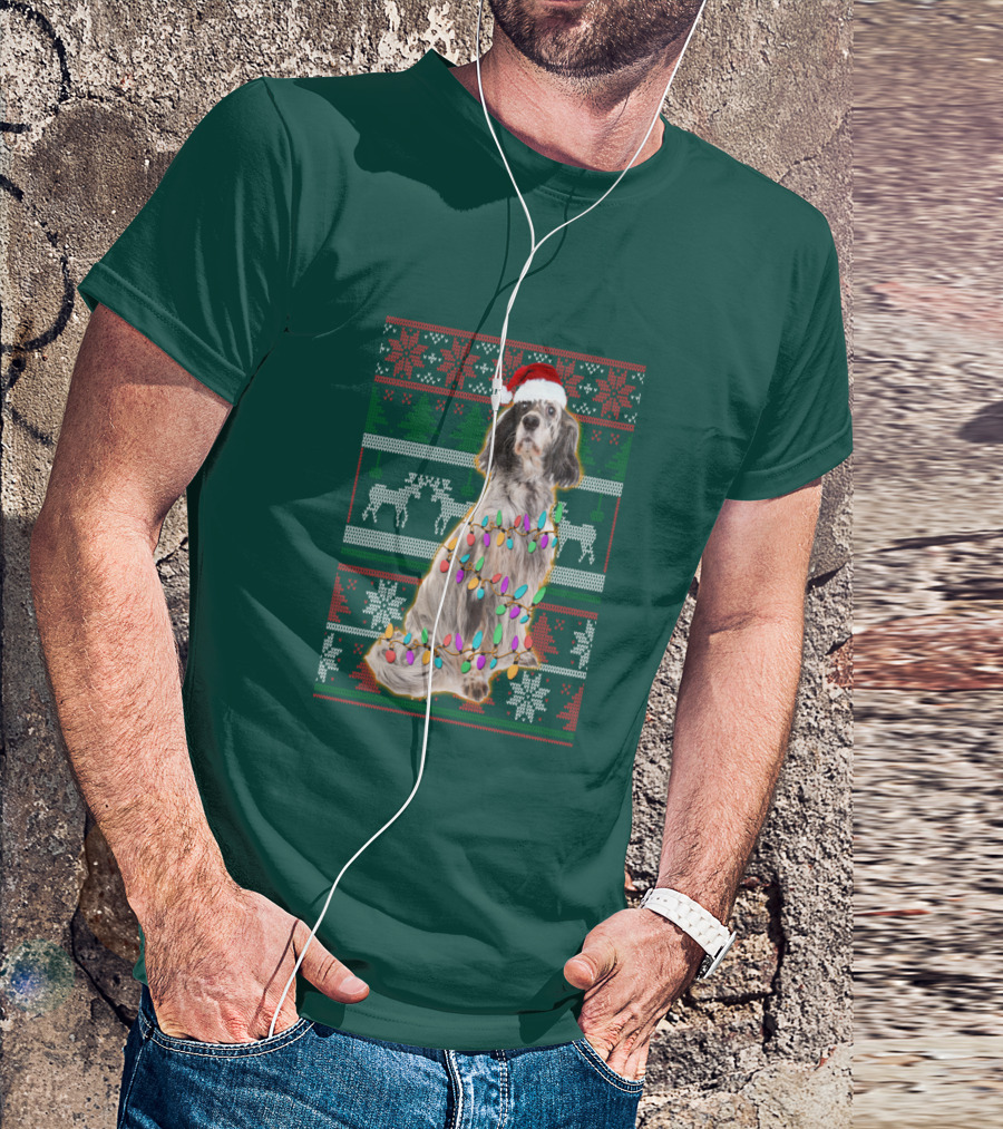 English Setter Christmas Lights Ugly Sweater Santa Hat T-Shirt