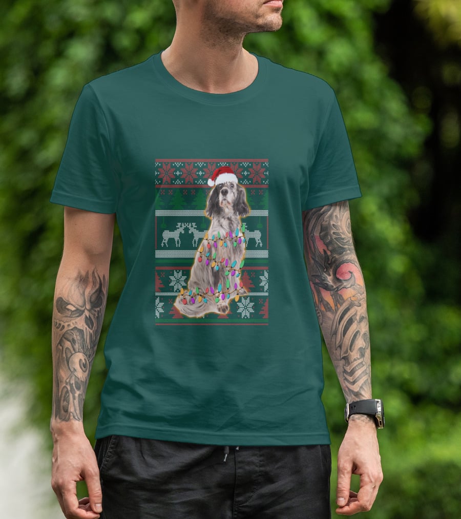 English Setter Christmas Lights Ugly Sweater Santa Hat T-Shirt