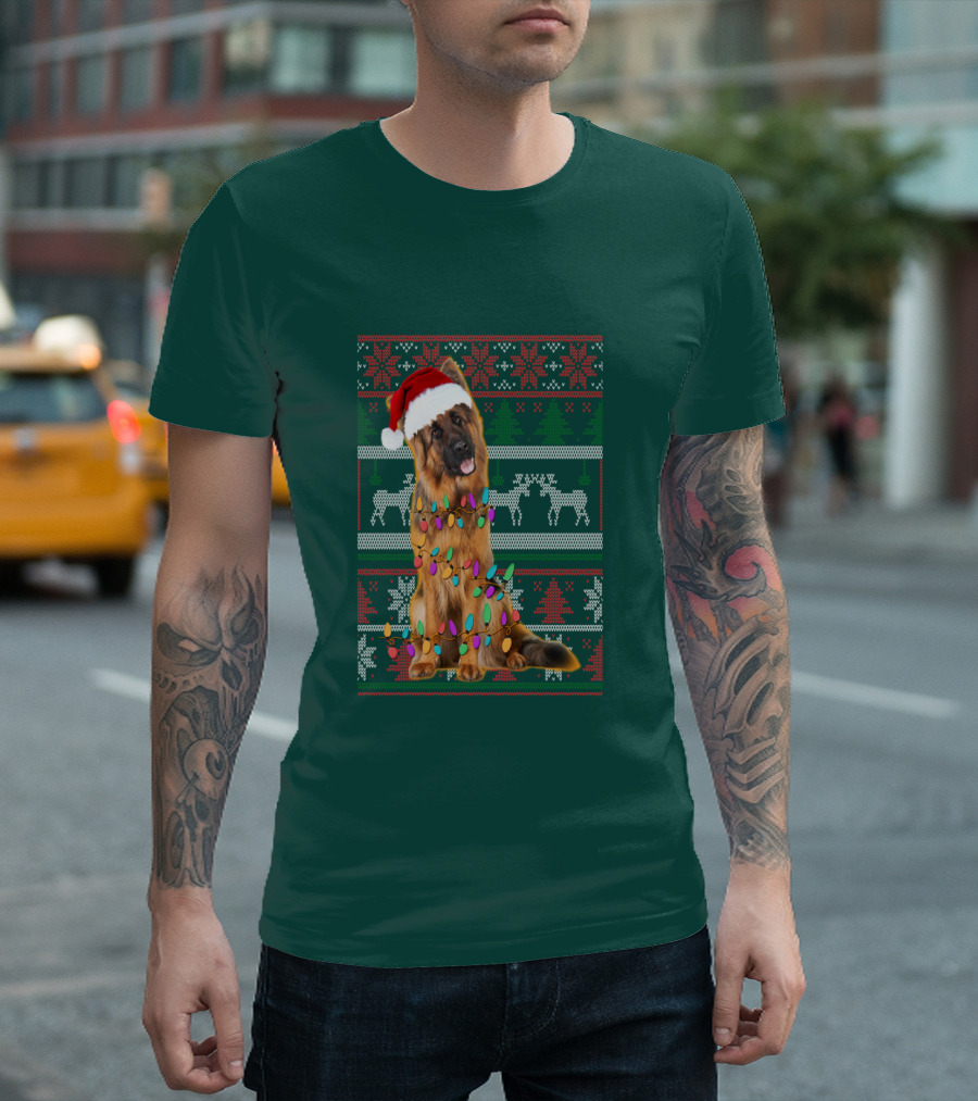 German Shepherd Santa Hat Christmas Lights Ugly Sweater Reindeer T-Shirt