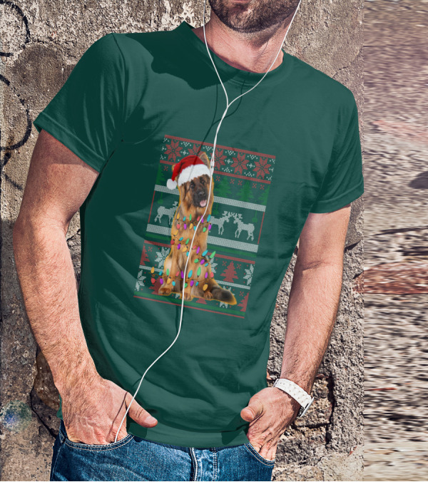 German Shepherd Santa Hat Christmas Lights Ugly Sweater Reindeer T-Shirt