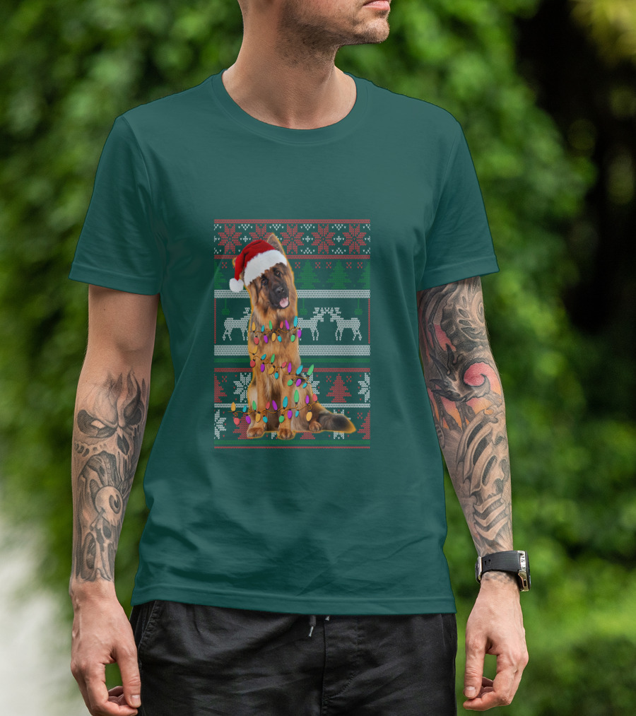 German Shepherd Santa Hat Christmas Lights Ugly Sweater Reindeer T-Shirt
