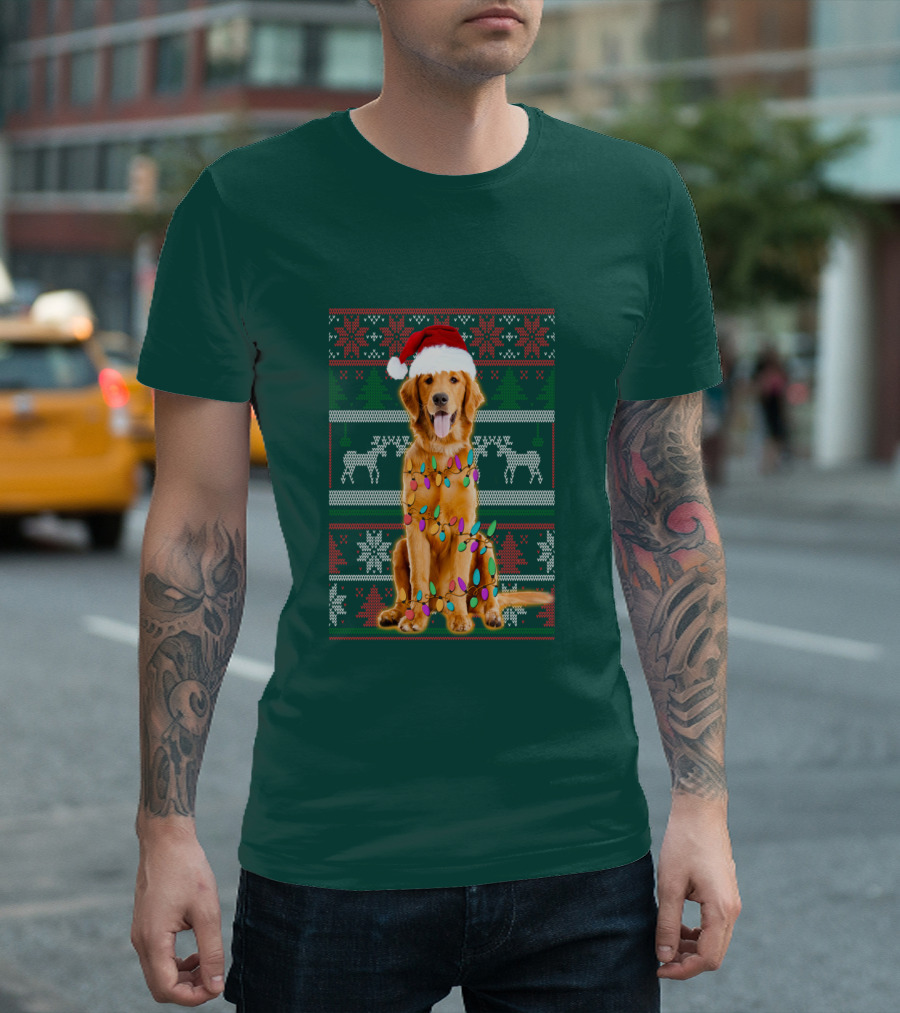 Golden Retriever Christmas Santa Hat Lights Holiday T-Shirt