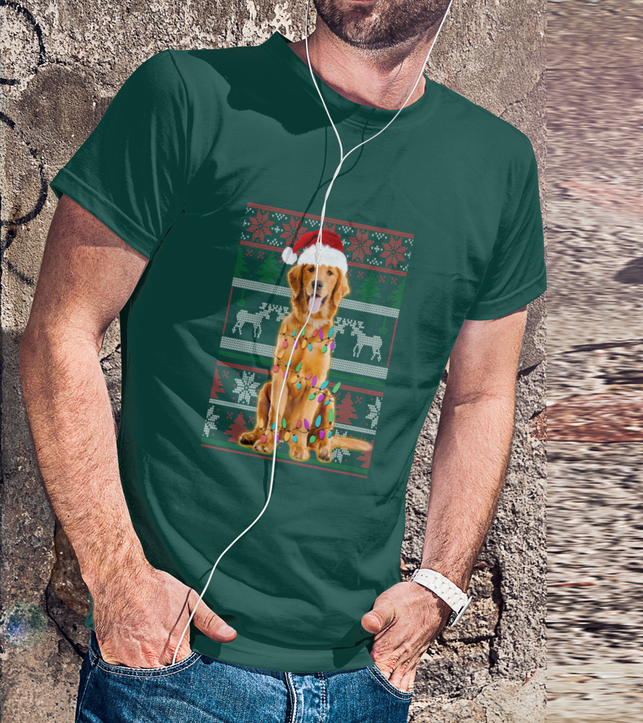 Golden Retriever Christmas Santa Hat Lights Holiday T-Shirt