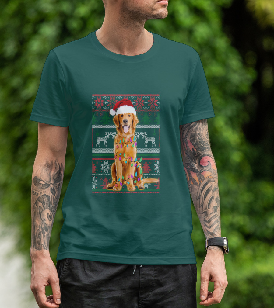 Golden Retriever Christmas Santa Hat Lights Holiday T-Shirt