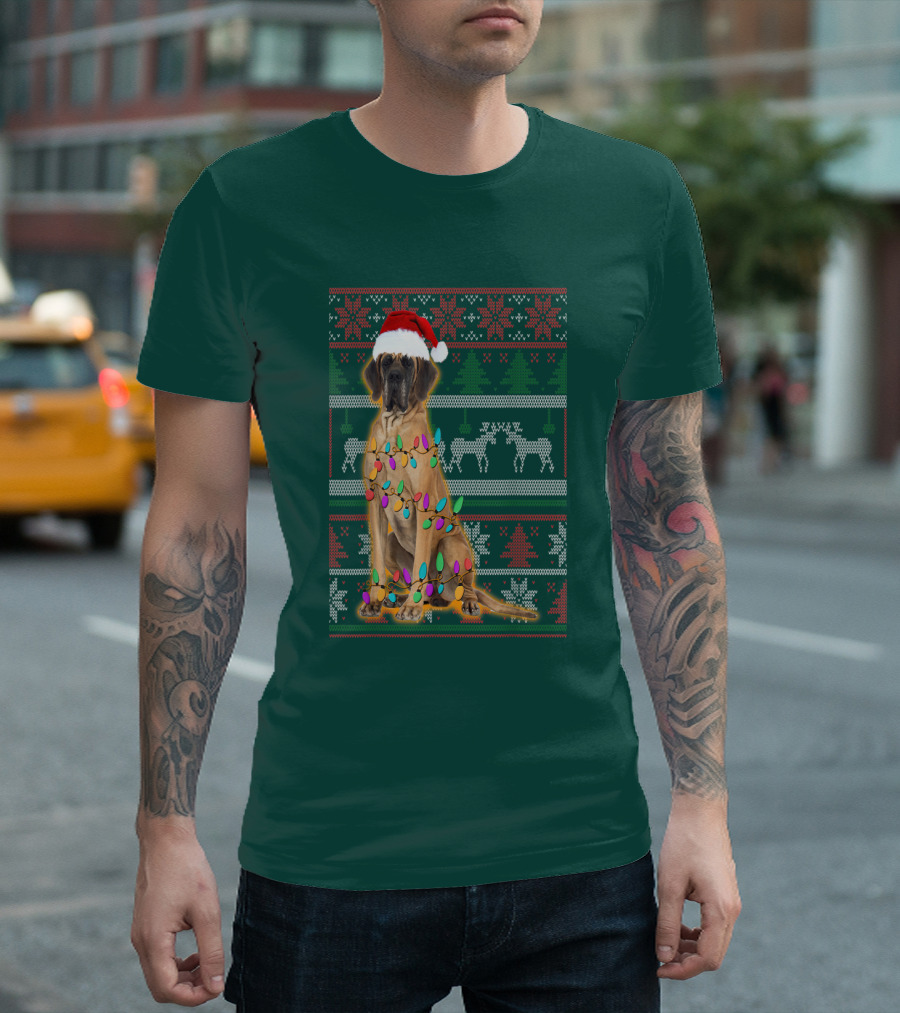 Great Dane Christmas Santa Hat Lights Reindeer Holiday T-Shirt